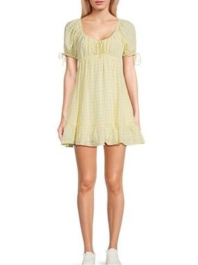Thirty Thirty Butter Yellow Gingham Sunshine Puff Sleeve Babydoll Short Dress